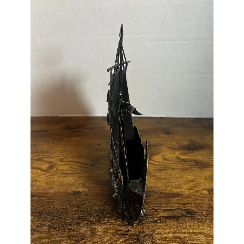 Vintage Black Metal Viking Ship Sculpture Nordic Dragon Boat Home Decor 9.5 Inch
